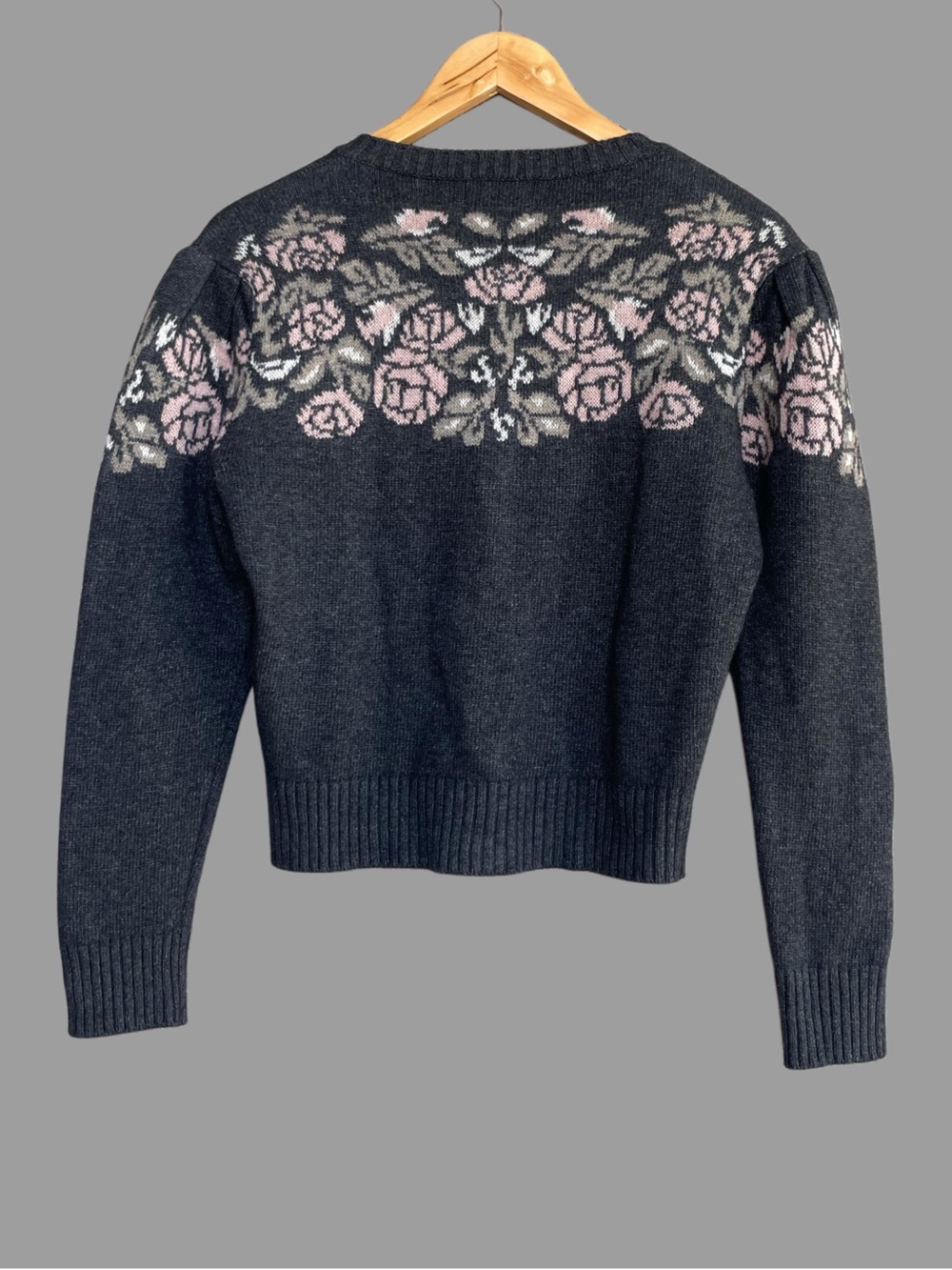 ROUJE Gray & Pink Floral Wool Cashmere Retro Robert Puff Sleeve Cardigan Sweater - Picture 6 of 13